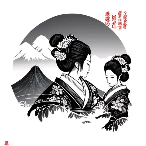design me a tattoo Japanese theme mountains in background samurai facing mountains geisha doll facing away from mountain tattoo design idea