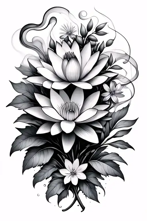 smoke swirling waterlily flower and larkspur flower sprigs intertwined tattoo design idea