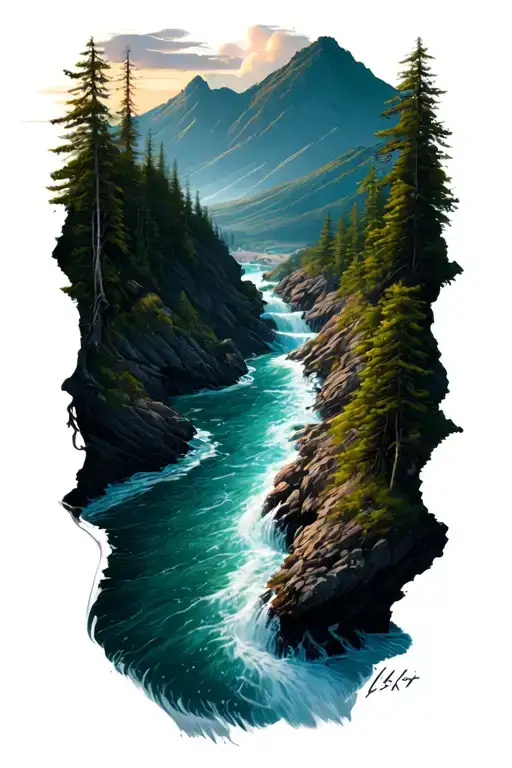  river flowing from mountain down to the ocean scene tattoo design idea