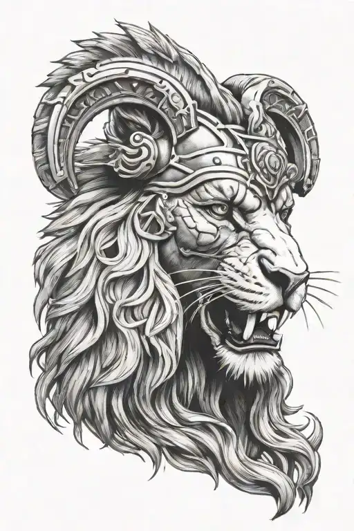spartan helmet below a lion tattoo design idea