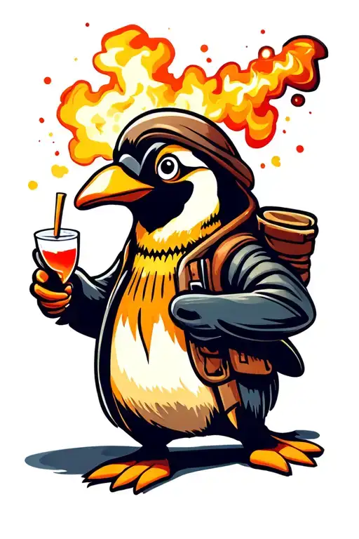 colorful cartoon penguin throwing a Molotov cocktail tattoo design idea