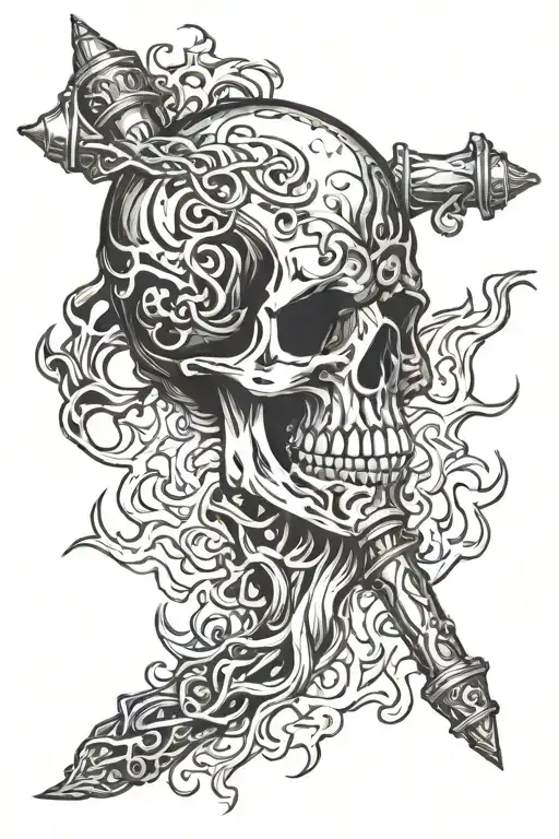 flail weapon with skull surrounded by flames coming tattoo design idea