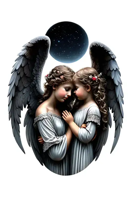 2 angels looking down. breaking the cycle. escaped narcissism and long life trauma and abuse. mother created 2 kids tattoo design idea