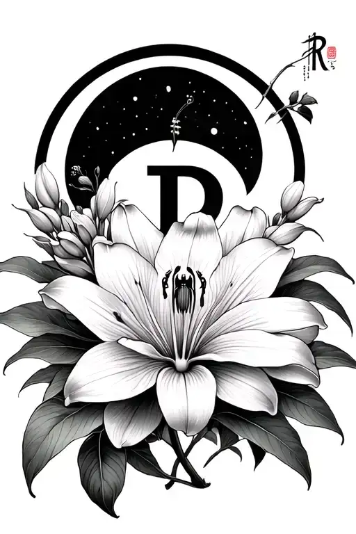 Spider Lily flower blooming, letter D, Letter R hidden within the petals of the flower, japanese style moon in the back tattoo design idea