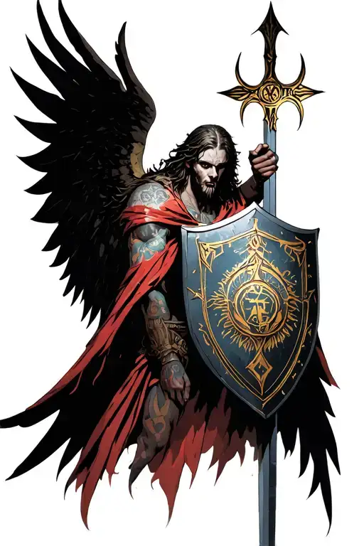 Archangel Michael gothic, like a scary movie, I want him to have a shield showing "hod" in hebrew and a sefirot tattoo design idea