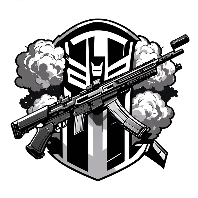 Autobot symbol in front of explosion cloud with sniper rifle, Cybertronian, and cool designs incorporated  tattoo design idea
