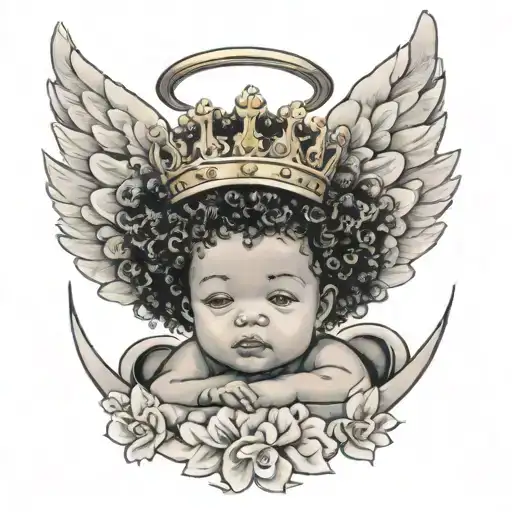 baby boy angel with crown tilting on his head with an afro and under it it has a posiden tritrnt with born royalty tattoo design idea