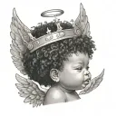 baby boy angel with crown tilting on his head with an afro and under it it has a posiden tritrnt with born royalty tattoo design idea