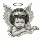 baby boy angel with crown tilting on his head with an afro and under it it has a posiden tritrnt with born royalty tattoo design idea