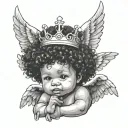 baby boy angel with crown tilting on his head with an afro and under it it has a posiden tritrnt with born royalty tattoo design idea