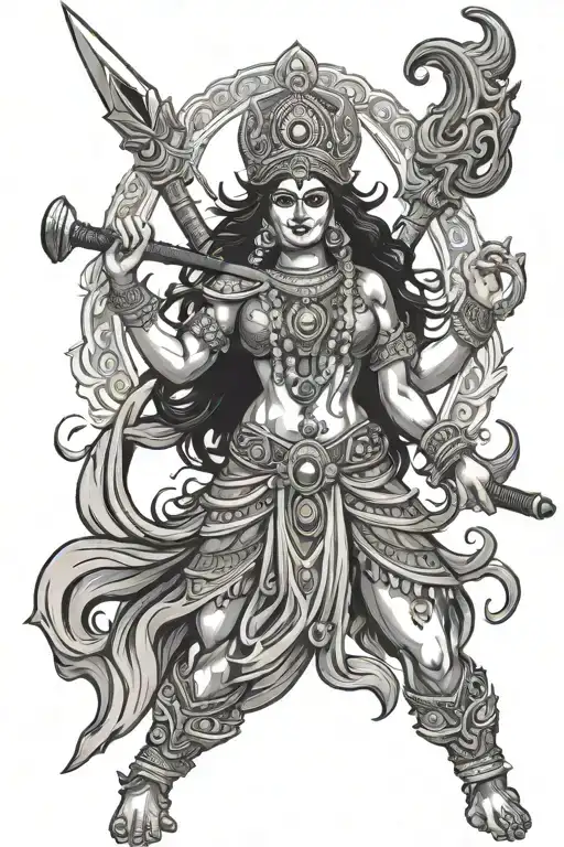 goddess Maa Kali with angry face and holding weapon  tattoo design idea