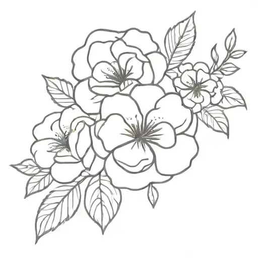 simple bouquet of rose, pansy and azalea flower outline  tattoo design idea