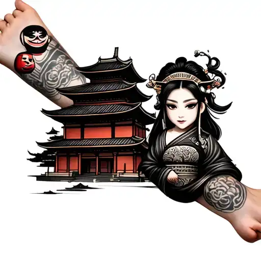 leg tattoo with samurai girl, daruma doll and temple tattoo design idea