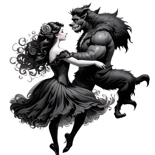 beauty and beast dancing together and incorporate a rose  tattoo design idea