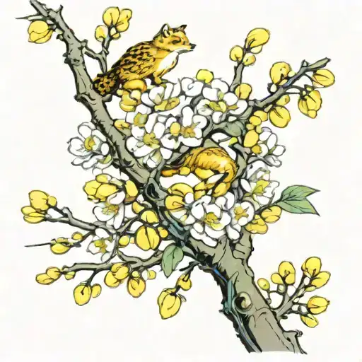 yellow Japanese apricot blossom branches and flowers and leaves like the one on the manga what did the fox said tattoo design idea