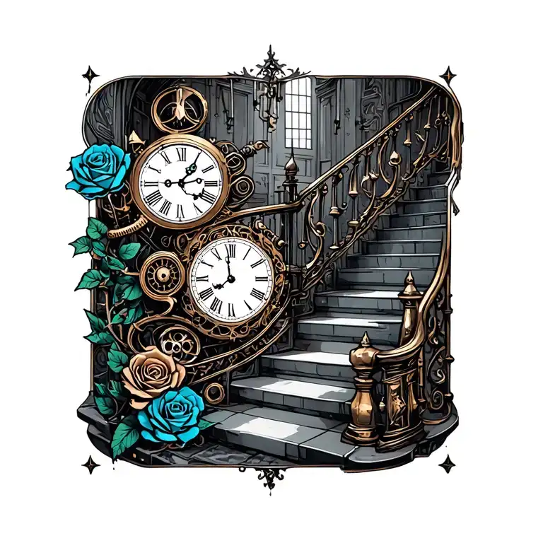 Steampunk with elements: stairs, clock. Maybe a rosebud, DNA, tin. You can make an accent in blue, highlighting some el tattoo design idea