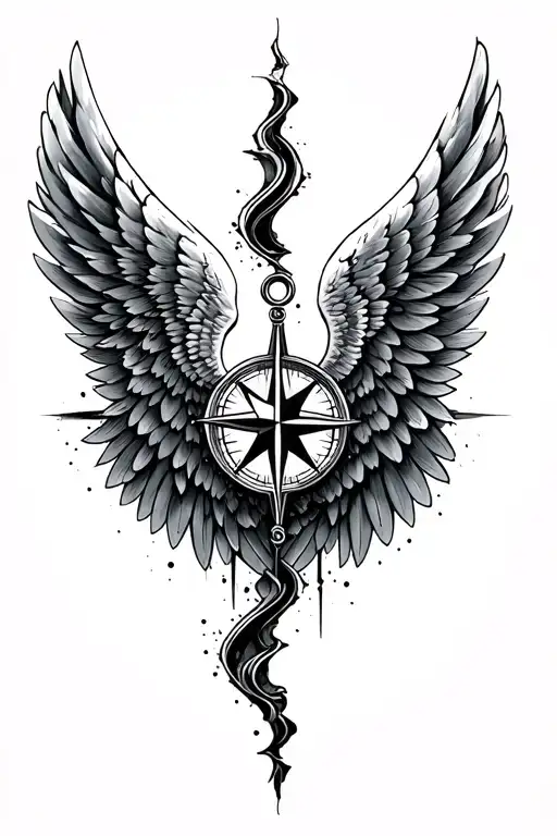 compass half broken wings, half angel wings tattoo design idea