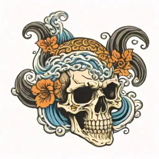 japanese waves coffee skull tattoo design idea