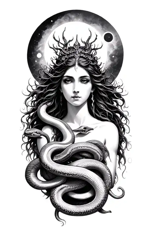 Hecate Goddess with snakes, 3 faces, maiden, mother, crone, moons tattoo design idea