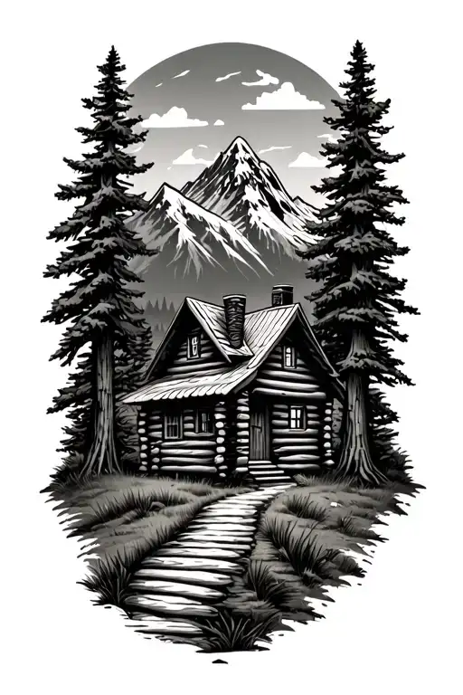 smooth realistic log cabin surrounded by trees with a mountain in the background with a footpath leading to the cabin  tattoo design idea