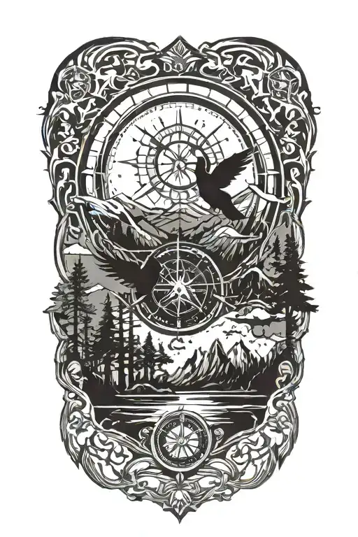 A father and son silhouette standing in a forest, with the mountains and lake. intertwine a compass, dove, dreamcatcher  tattoo design idea