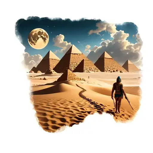 Forearm tattoo of Egyptian surroundings of pyramids, sand, moon and someone walking in the sand leaving footprints behin tattoo design idea
