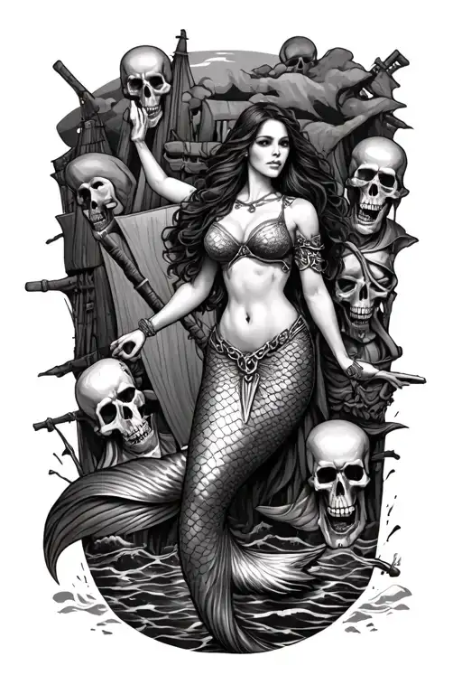 A mermaid warrior guarding a shipwreck surrounded by pirate skeletons tattoo design idea