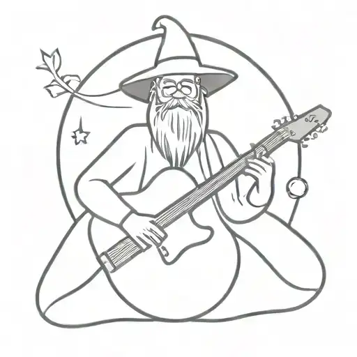 a wizard playing guitar. the wizard should have a wizard hat with a brim, long beard robes. the guitar is a Stratocaster tattoo design idea