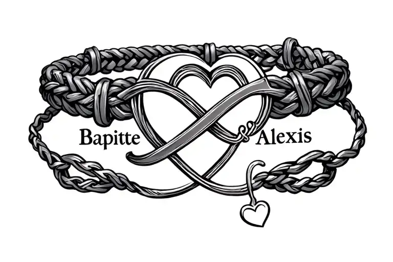 Ankle bracelet with infinite sign and heart with first name Baptiste and Alexis tattoo design idea
