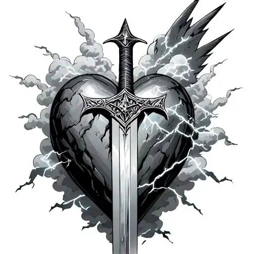 A vertical sword of the spirit in fluen front of a Heart Made Of Stone surrounded by lightning and clouds tattoo design idea