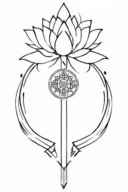 arrow going down with a lotus flower and dharma wheel and Buddha endless knot tattoo design idea