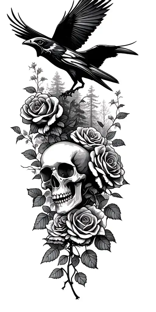 ravens flying, skulls, roses with stems, in front of forest  tattoo design idea