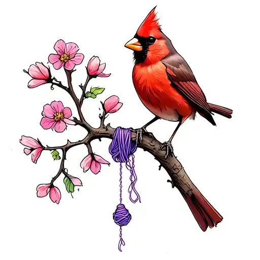 Cardinal perched on flowery branch with purple yarn hanging out of its beak tattoo design idea