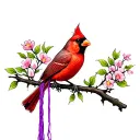 Cardinal perched on flowery branch with purple yarn hanging out of its beak tattoo design idea