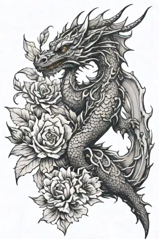 small dragon in flowers tattoo design idea