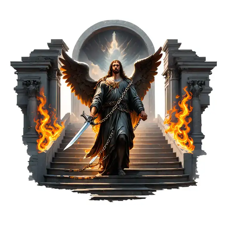 Archangel Gabriel on the stairs of the gates of heaven with his sword in flames and chains in his arms tattoo design idea