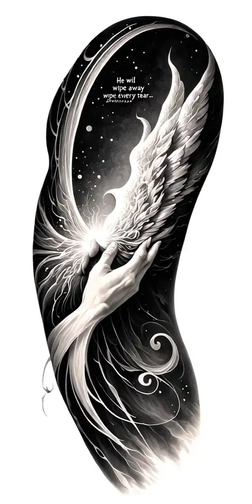 Upper Arm / Shoulder (Heavenly Hope)	•	Verse: Revelation 21:4 – “He will wipe away every tear…”	•	Art: A radiant heave tattoo design idea