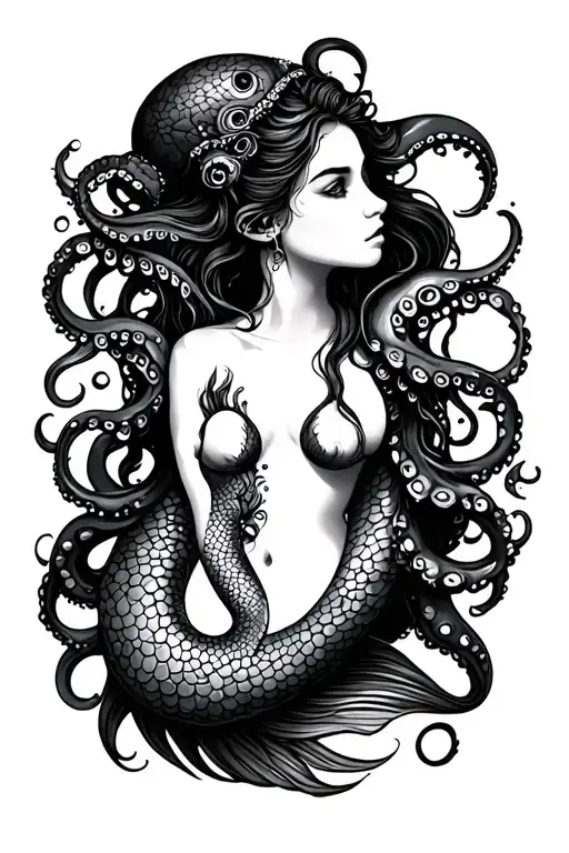 mermaid and octopus wrapped tattoo design idea