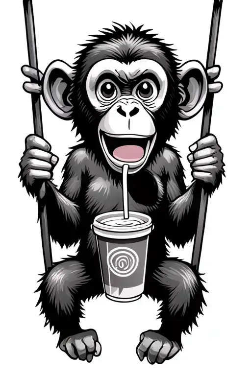Silly cartoon monkey swinging and drinking an iced coffee tattoo design idea