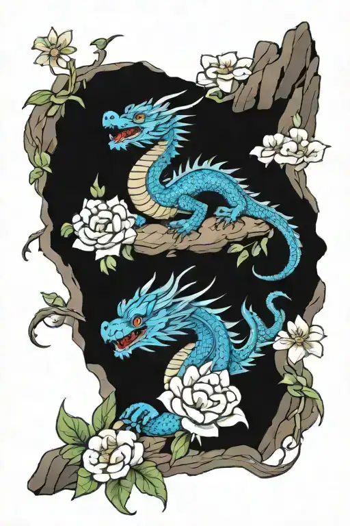 blue dragon around a mountain with flowers on the background  tattoo design idea