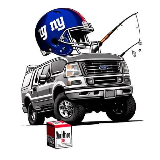 ford explorer with a new York giants helmet, a pack of Marlboro reds, and a fishing rod on top  tattoo design idea