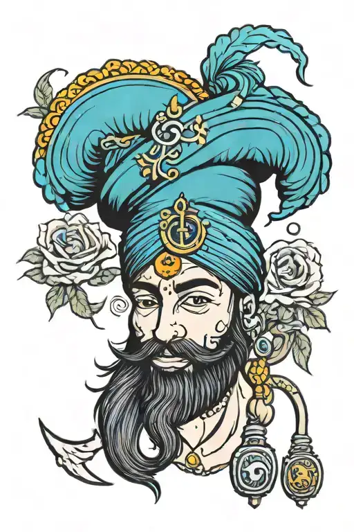 A vibrant neotraditional tattoo design incorporating Sikh symbols and elements of Punjab tradition, such as a traditional Punjabi turban and a Sikh kirpan, to represent your strong religious beliefs and cultural heritage. tattoo design idea