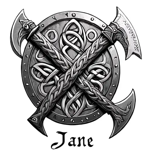 "01/06/02 Jane" celtic knot viking shield axes tattoo design idea