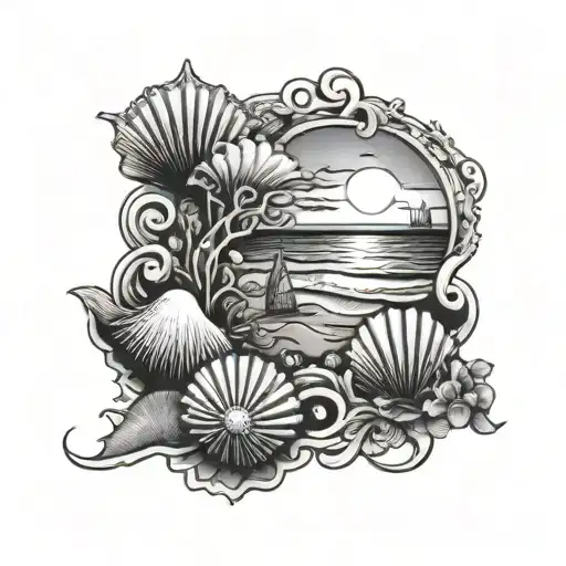 Sunset beach scene. Sea shells as bottom border and large cursive text as top border  tattoo design idea