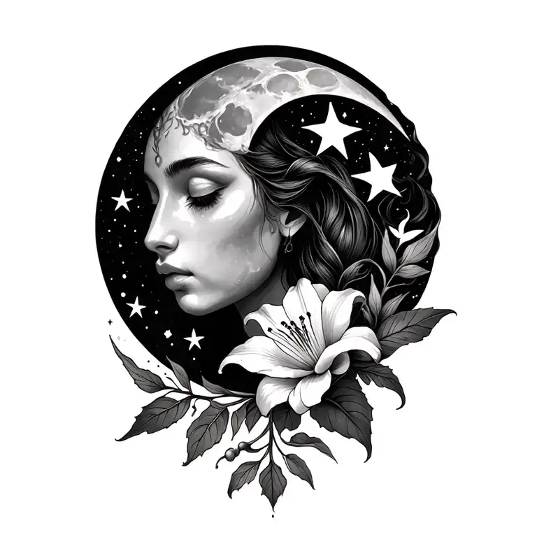 Lilly, moon, stars, aries zodiac sign tattoo design idea
