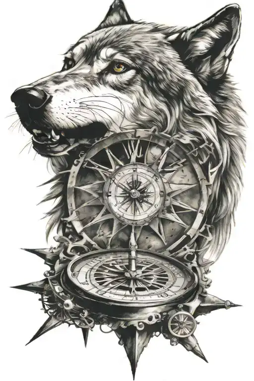 wolf and compass design tattoo design idea