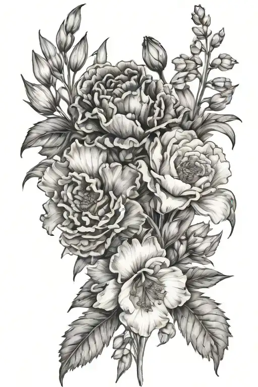 bouquet of Carnations, snowdrops, Violets, iris', Gladiolus, poppy, Chrysanthemum with Drake Grace Arabella Issak tattoo design idea