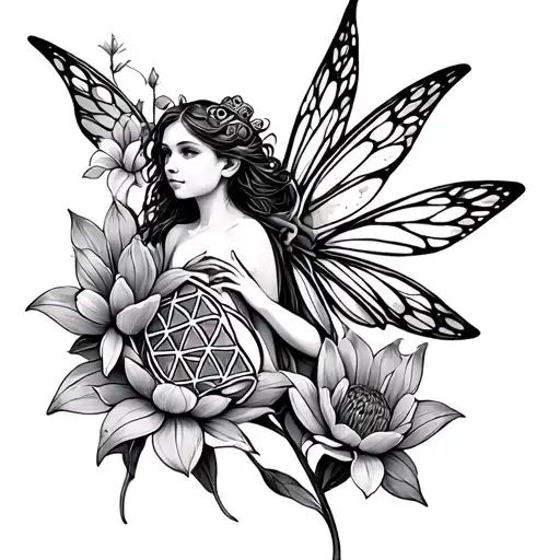 fairy with flower of life with toad tattoo design idea