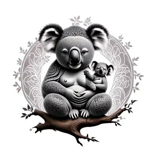 Mother Koala who holds her baby on a branch integrate them into a Buddha tree of life tattoo design idea