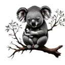Mother Koala who holds her baby on a branch integrate them into a Buddha tree of life tattoo design idea